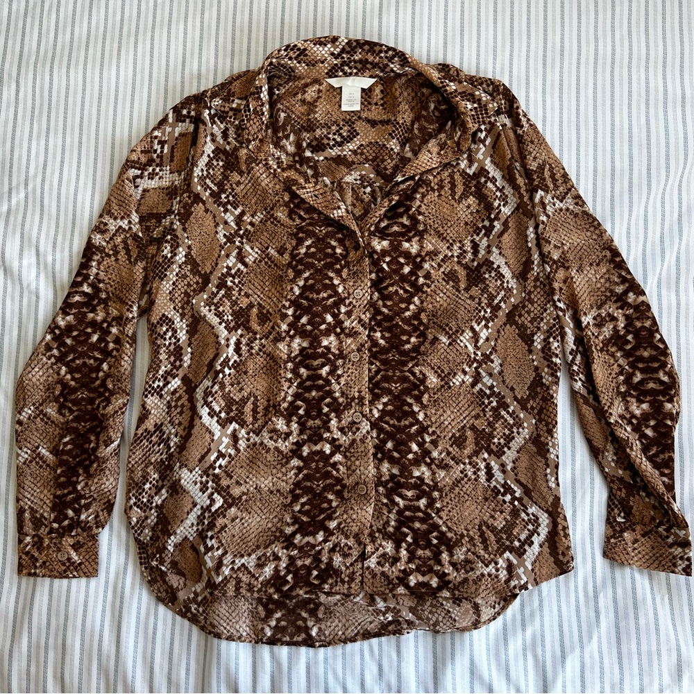 H&M Brown Snake Print Button-Up Blouse